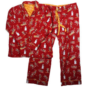 Nick Nora Pajama Set Womens XL Red Sock Monkey Flannel Sleepwear Snowman Y2K